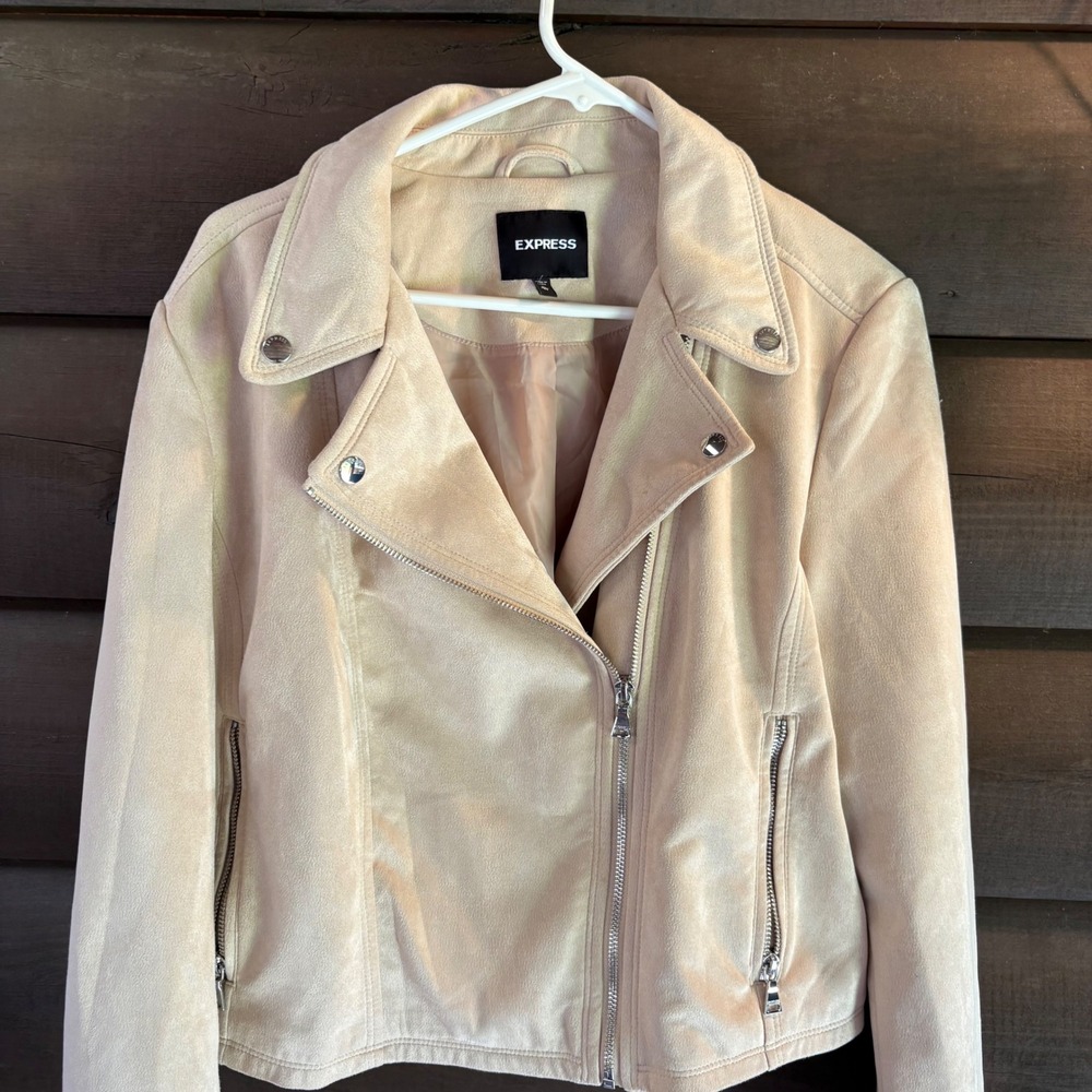 Express Womens XL Tan Faux Suede Moto Biker Jacket 008803627 Cream Beige